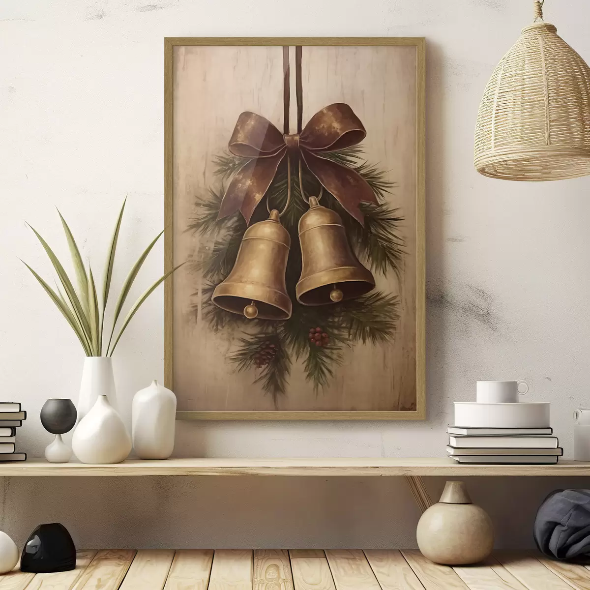Poster Décoration de Noël vintage avec deux cloches et un nœud f46626