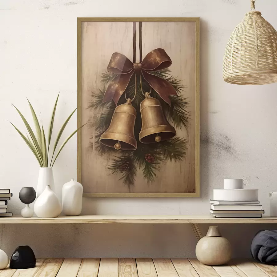 Papier peint Décoration de Noël vintage avec deux cloches et un nœud f46626