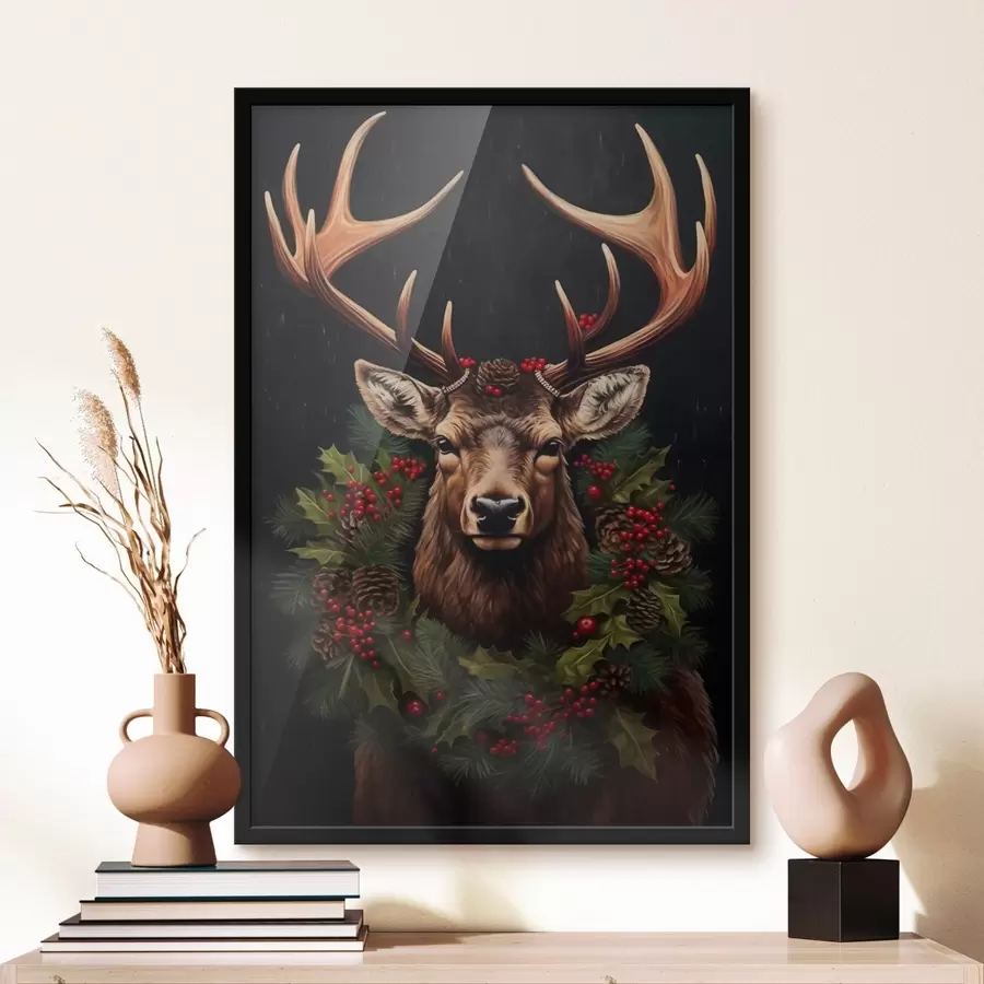 Papier peint Portrait d'un cerf avec une couronne de Noël f46628