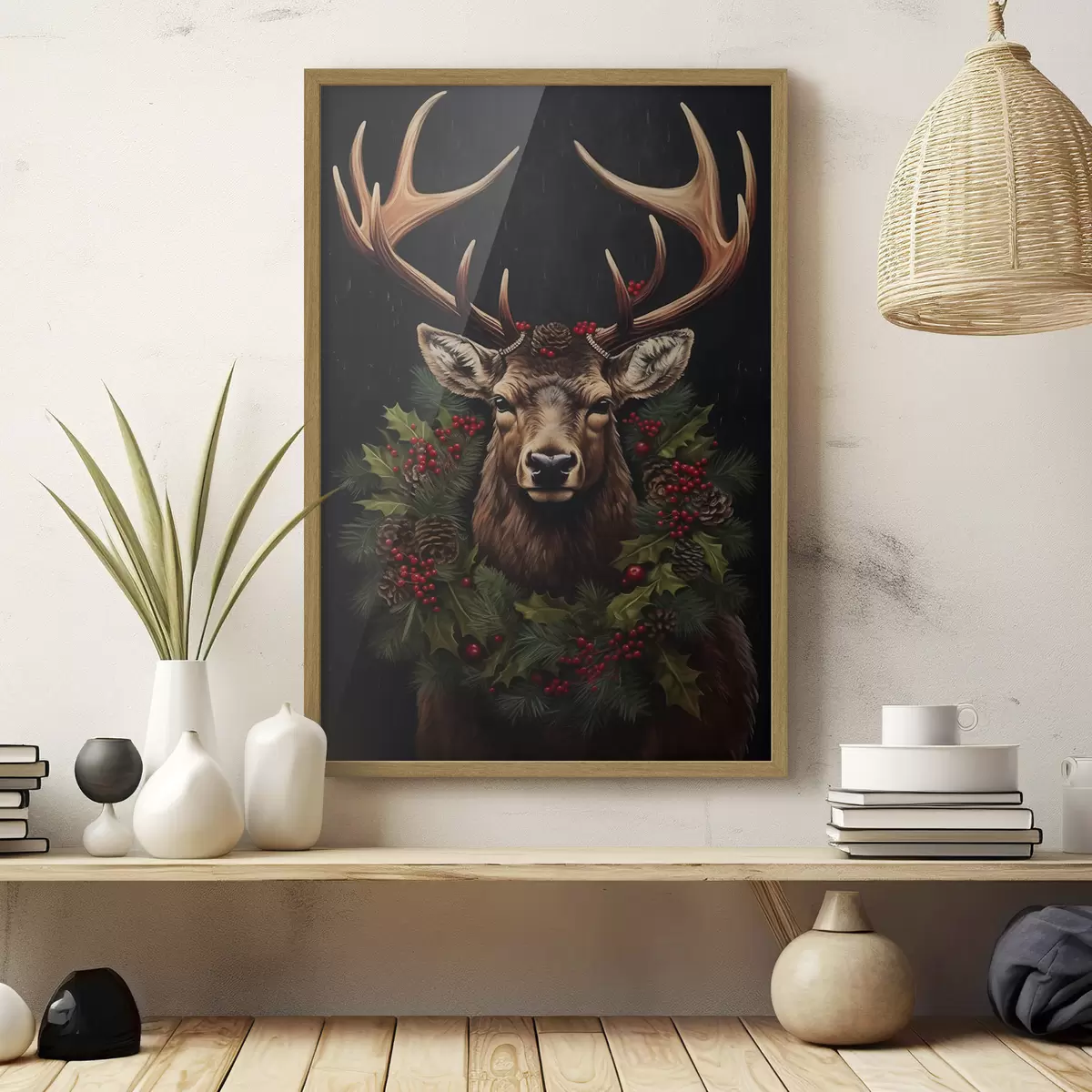 Poster Portrait d'un cerf avec une couronne de Noël f46628