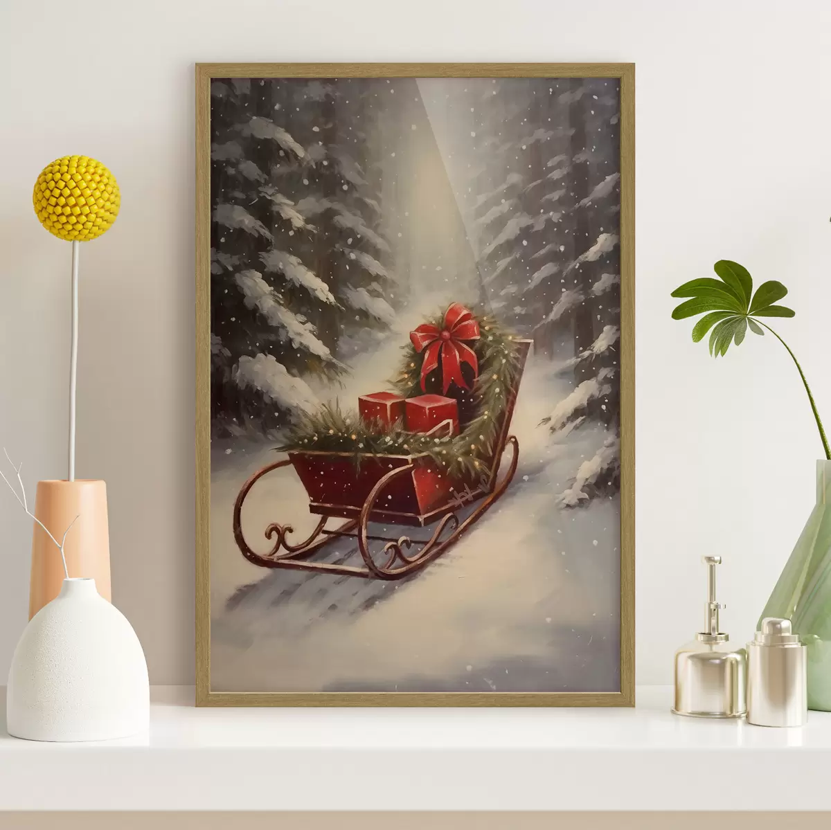 Poster Traîneau de Noël avec des cadeaux dans une forêt enneigée f46630