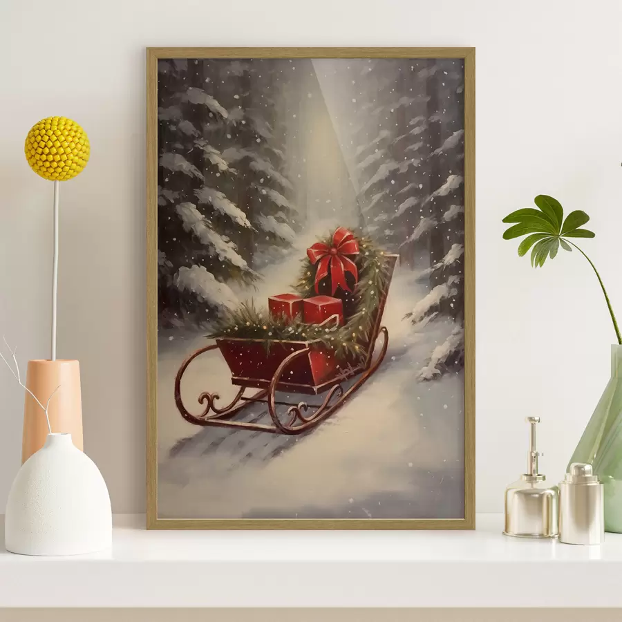 Papier peint Traîneau de Noël avec des cadeaux dans une forêt enneigée f46630