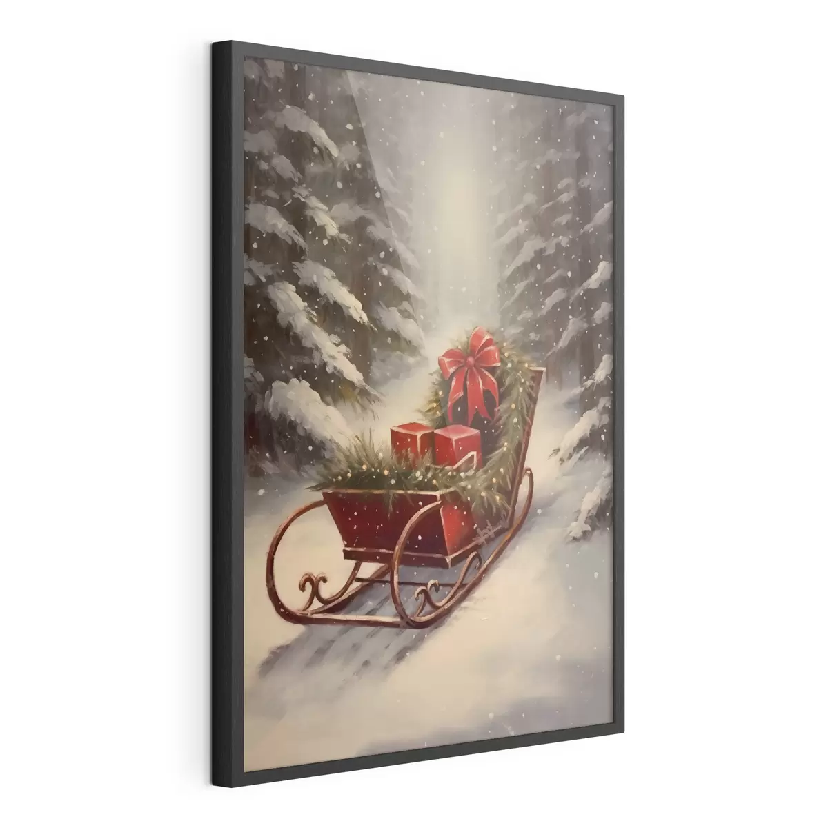 Poster Traîneau de Noël avec des cadeaux dans une forêt enneigée f46630