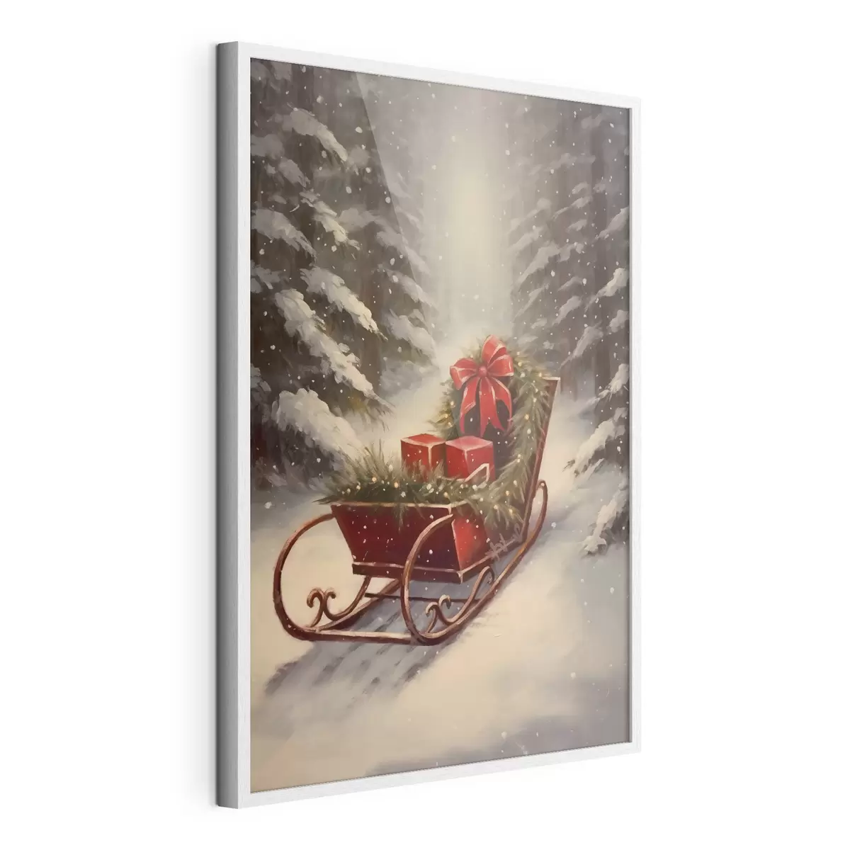 Poster Traîneau de Noël avec des cadeaux dans une forêt enneigée f46630