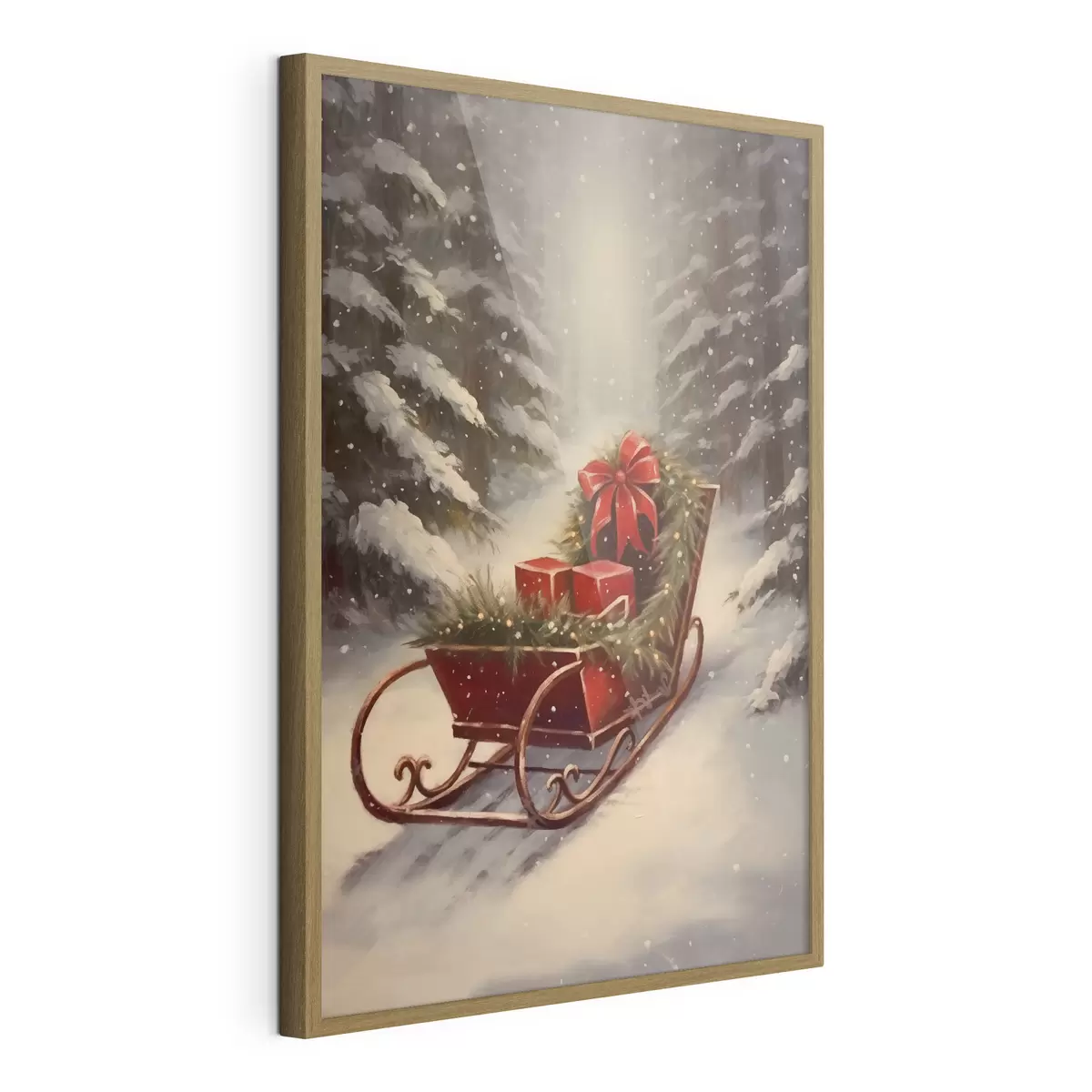 Poster Traîneau de Noël avec des cadeaux dans une forêt enneigée f46630