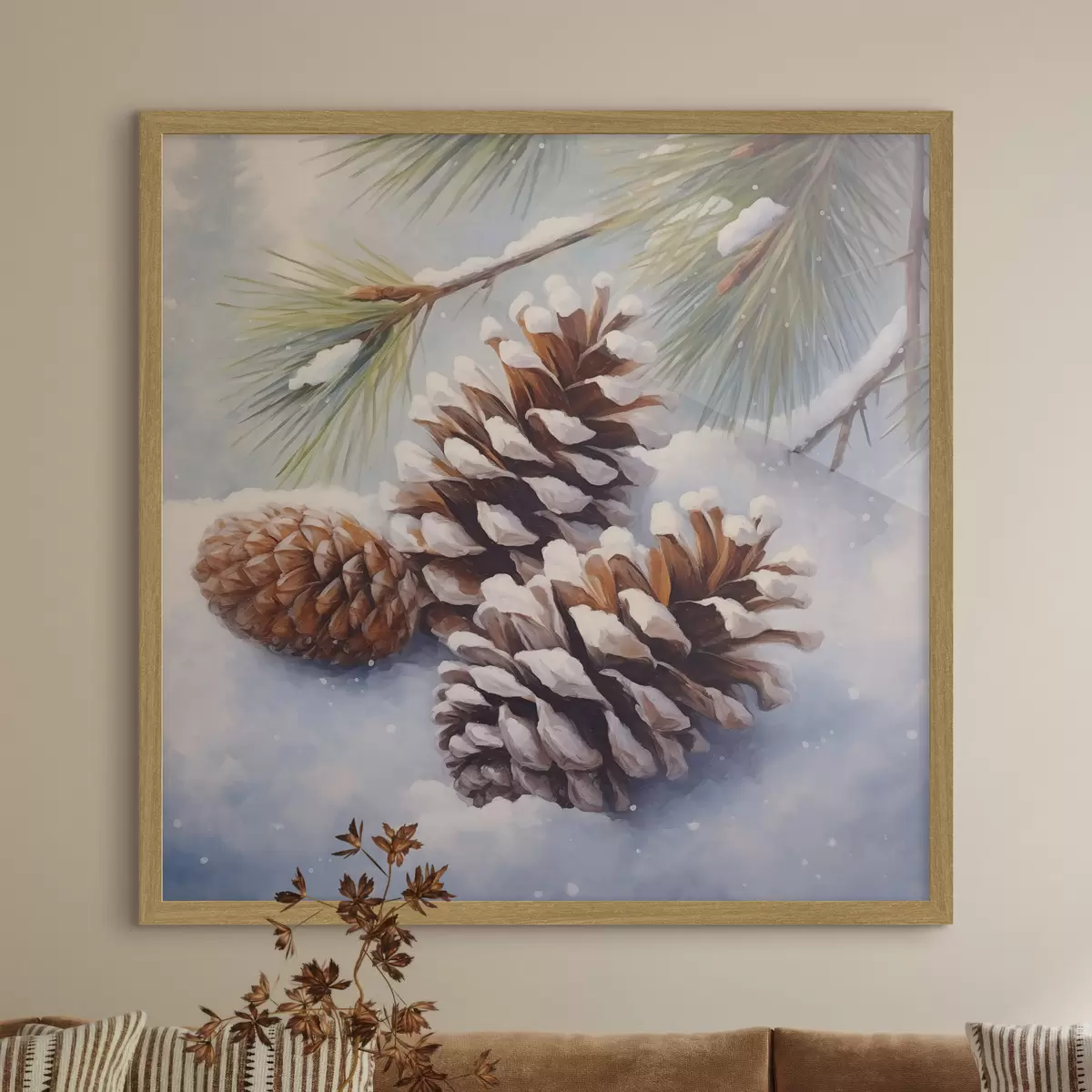 Poster Pommes de pin et branches recouvertes de neige f46631