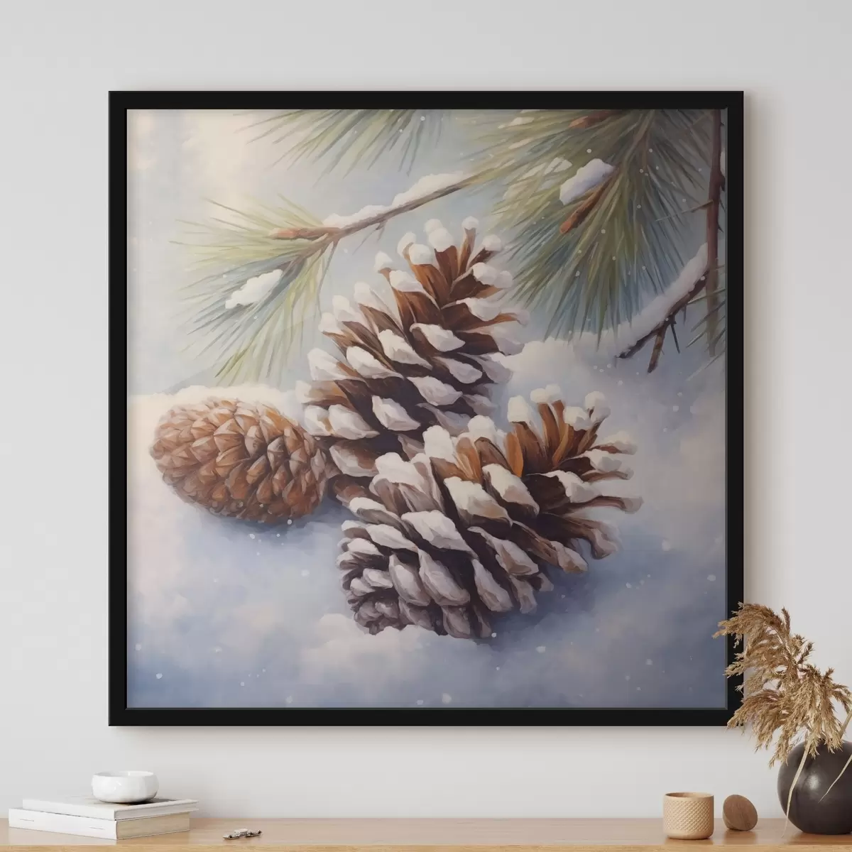 Poster Pommes de pin et branches recouvertes de neige f46631