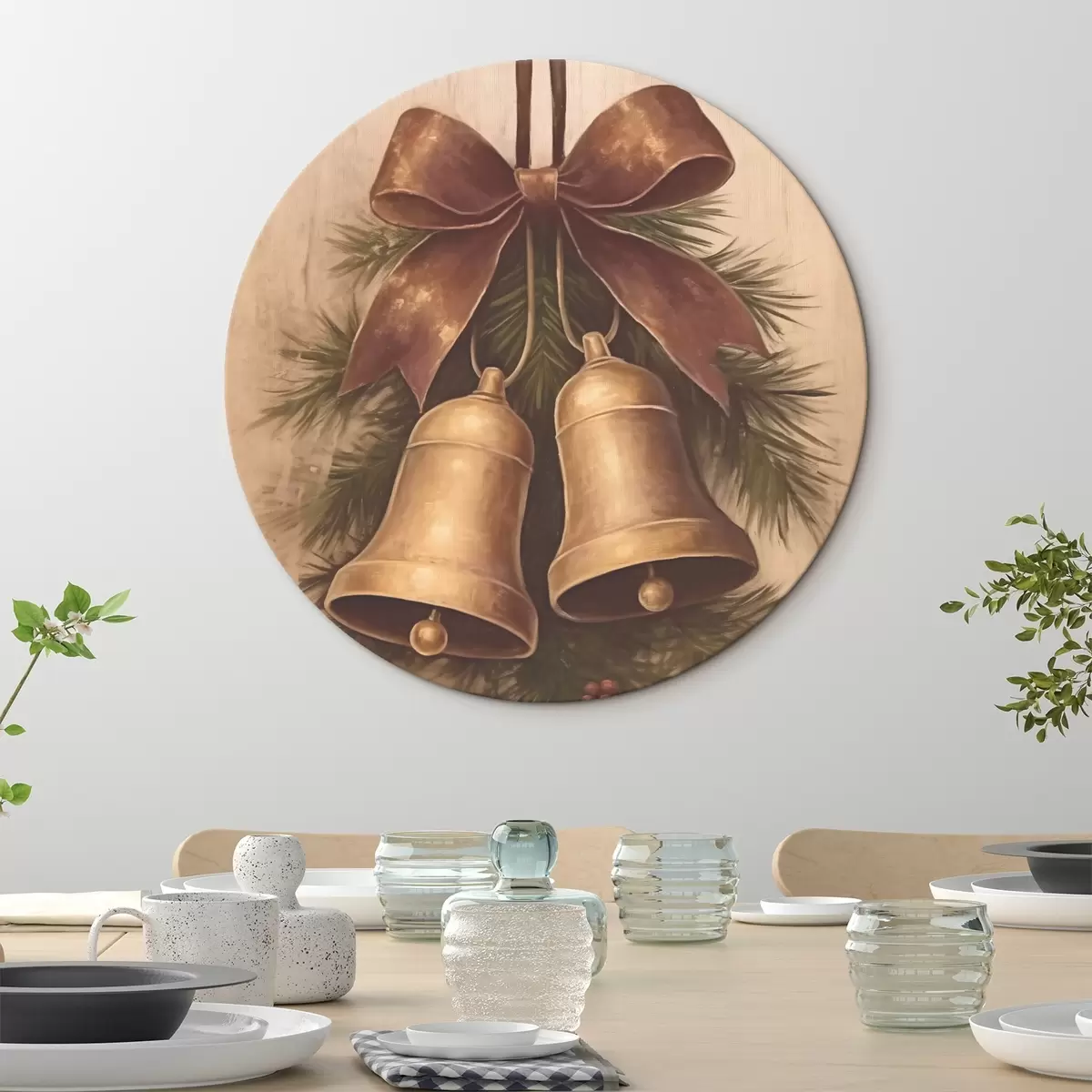 Tableaux rondes Décoration de Noël vintage avec deux cloches et un nœud r46626