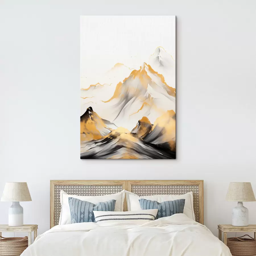 Tableau Montagnes texturées jaunes et noires aux sommets enneigés, style peinture à l'encre, chaîne de montagnes minimaliste s46683