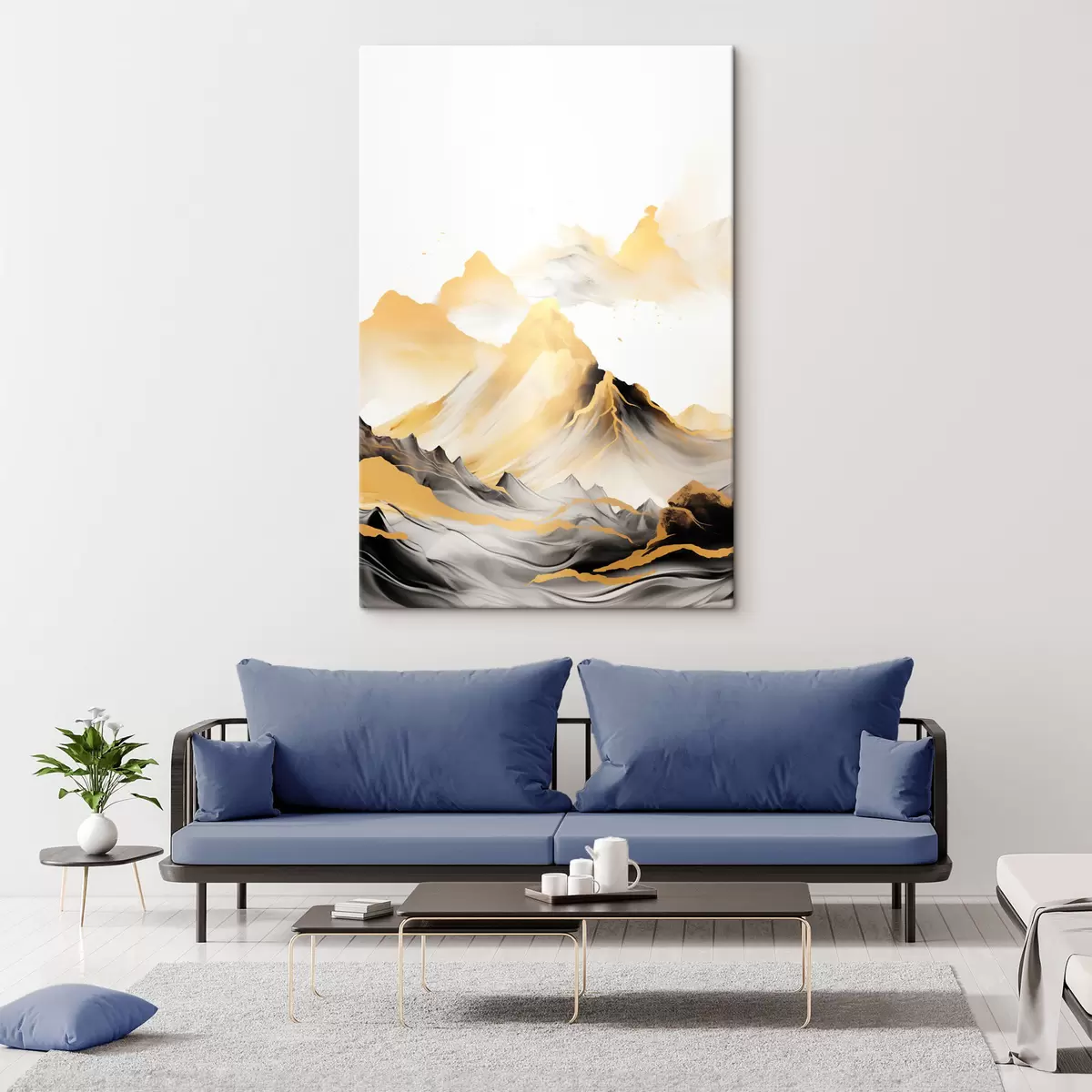 Tableau Montagnes texturées jaunes et noires aux sommets enneigés, style peinture à l'encre, chaîne de montagnes minimaliste s46684