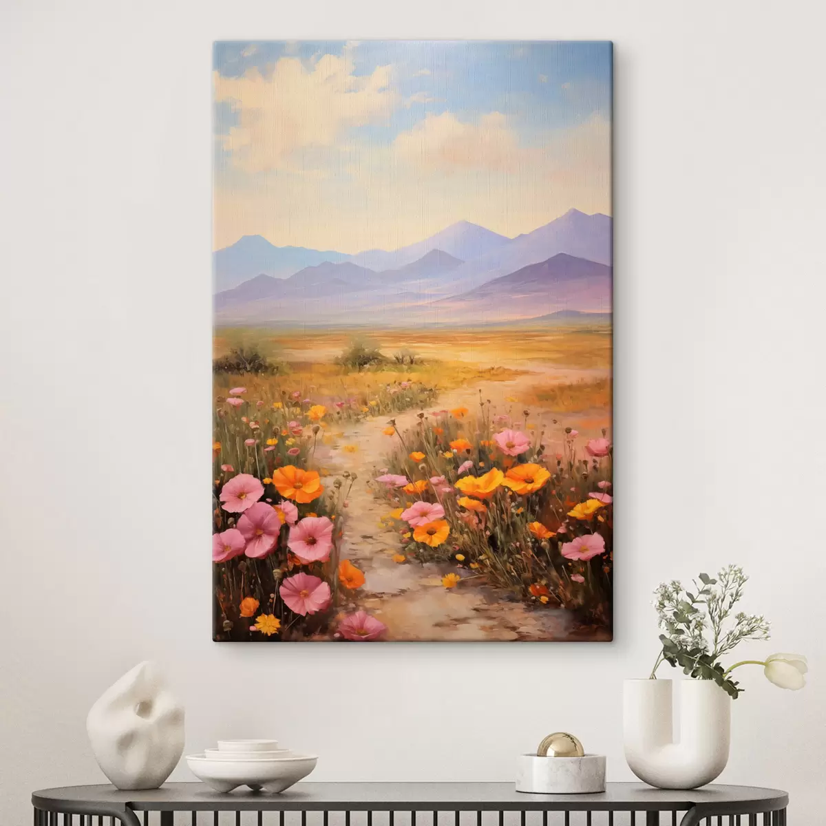 Tableau Paysage, champ de fleurs colorées avec des montagnes en arrière-plan, couleurs douces et pastel s46686