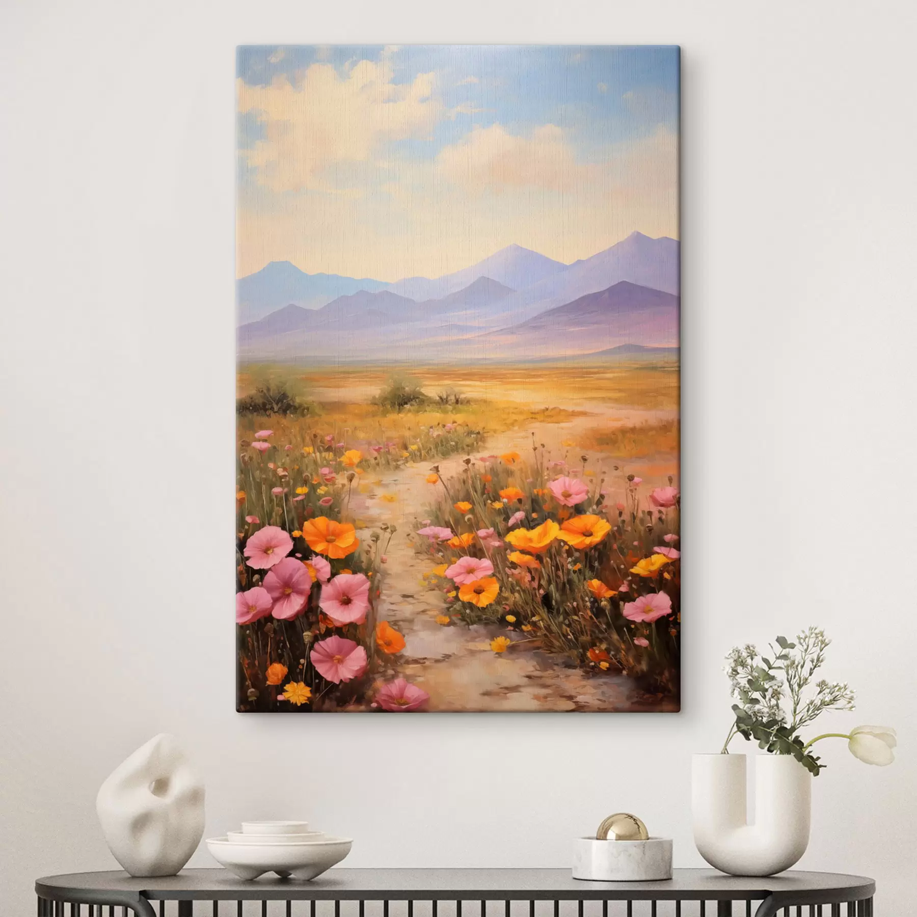 Tableau Paysage, champ de fleurs colorées avec des montagnes en arrière-plan, couleurs douces et pastel s46686