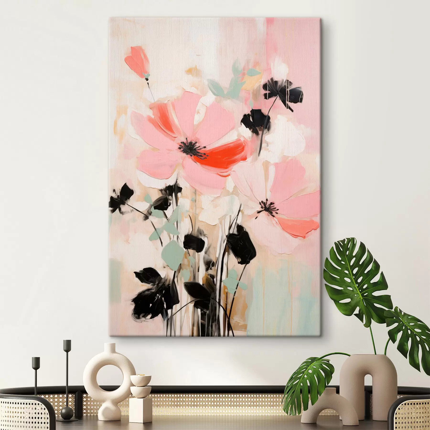 Tableau Fleurs roses et noires avec des feuilles, couleurs pastel douces, composition florale abstraite, art minimaliste s46687