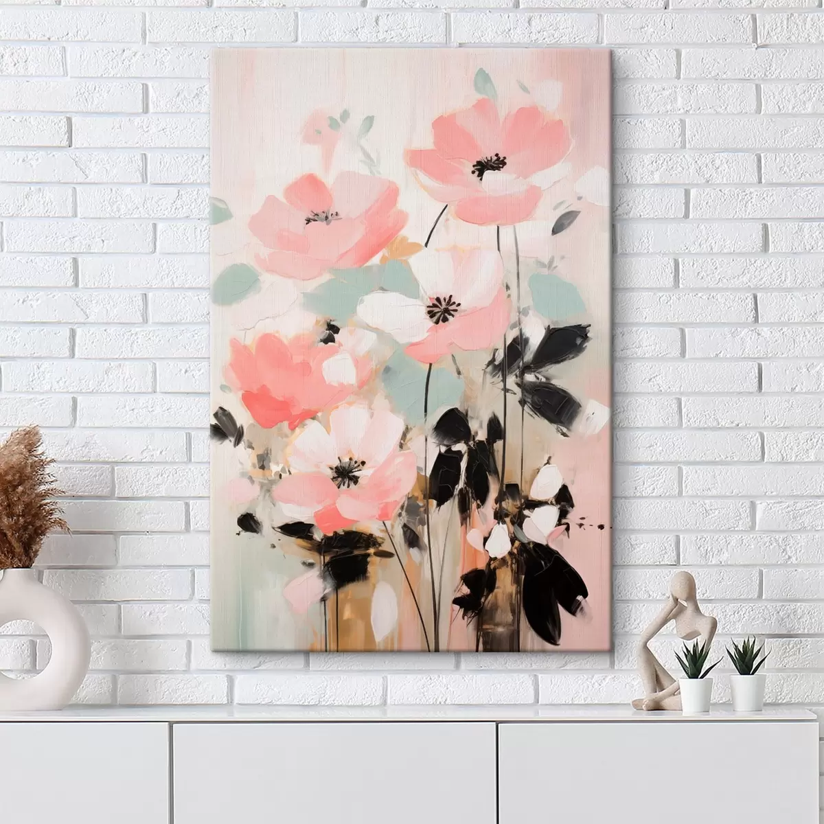 Tableau Fleurs roses et noires avec des feuilles, couleurs pastel douces, composition florale abstraite, art minimaliste s46688