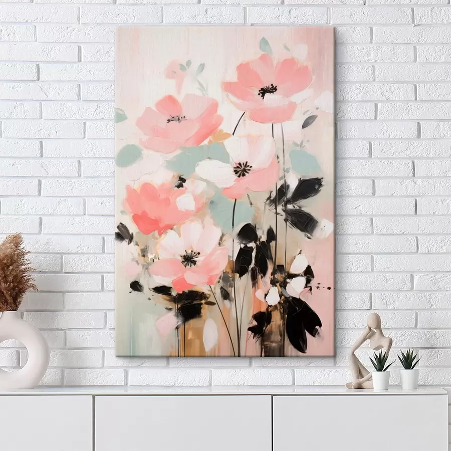 Tableau Fleurs roses et noires avec des feuilles, couleurs pastel douces, composition florale abstraite, art minimaliste s46688