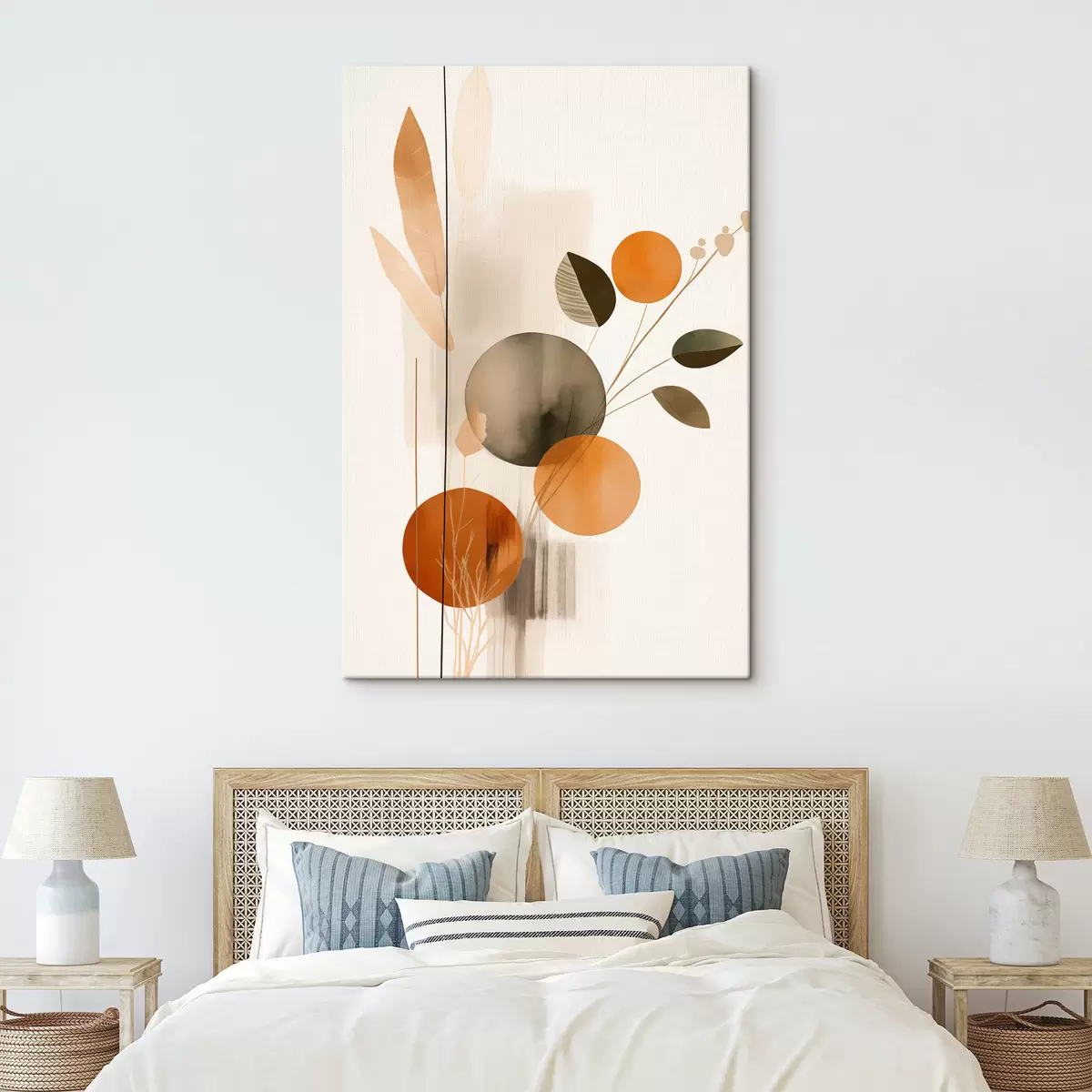 Tableau Imitation de peinture abstraite avec des cercles orange et gris, des feuilles et des branches, style moderne, effet aquarelle s46697