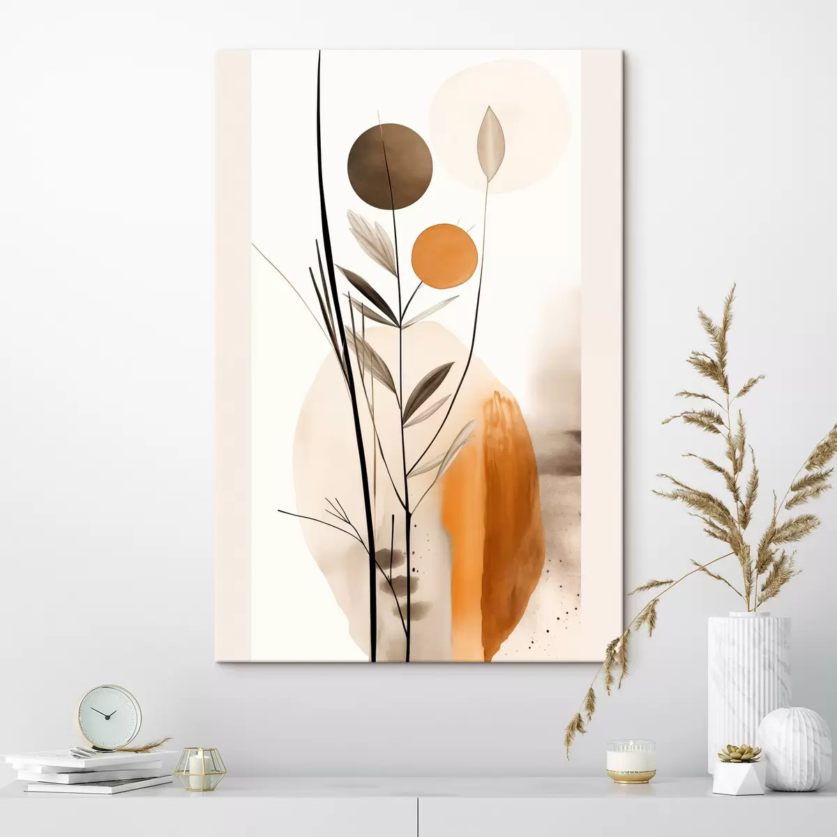 Tableau Imitation de peinture abstraite avec des cercles orange et gris, des feuilles et des branches, style moderne, effet aquarelle s46698
