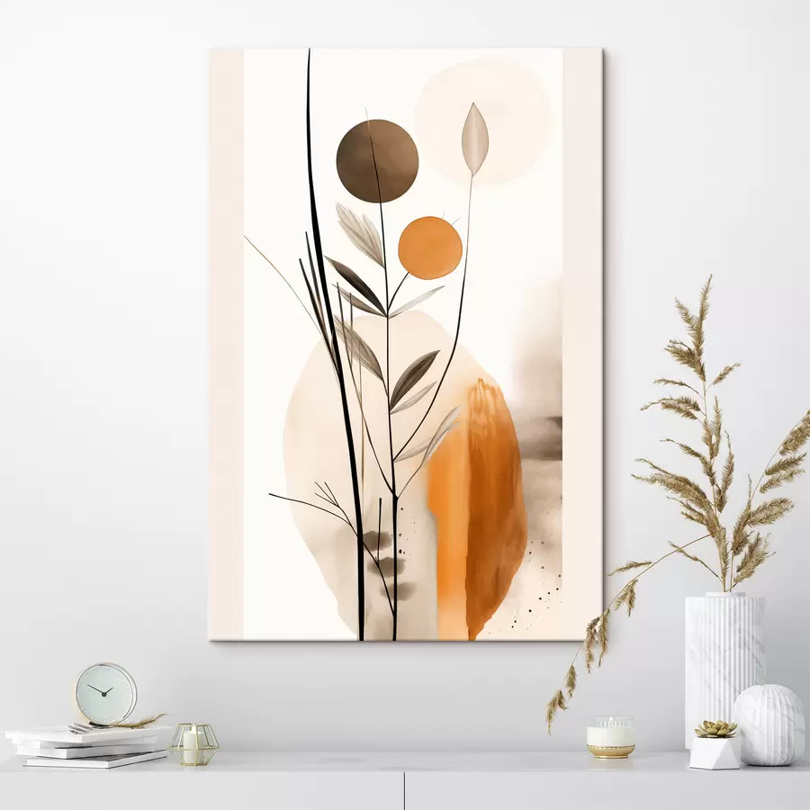 Tableau Imitation de peinture abstraite avec des cercles orange et gris, des feuilles et des branches, style moderne, effet aquarelle s46698