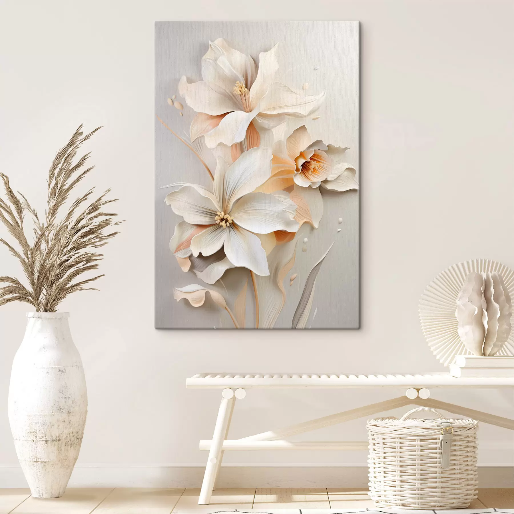 Tableau Fleurs blanches, pétales aux ombres douces, fond beige clair, composition élégante, style minimaliste s46699
