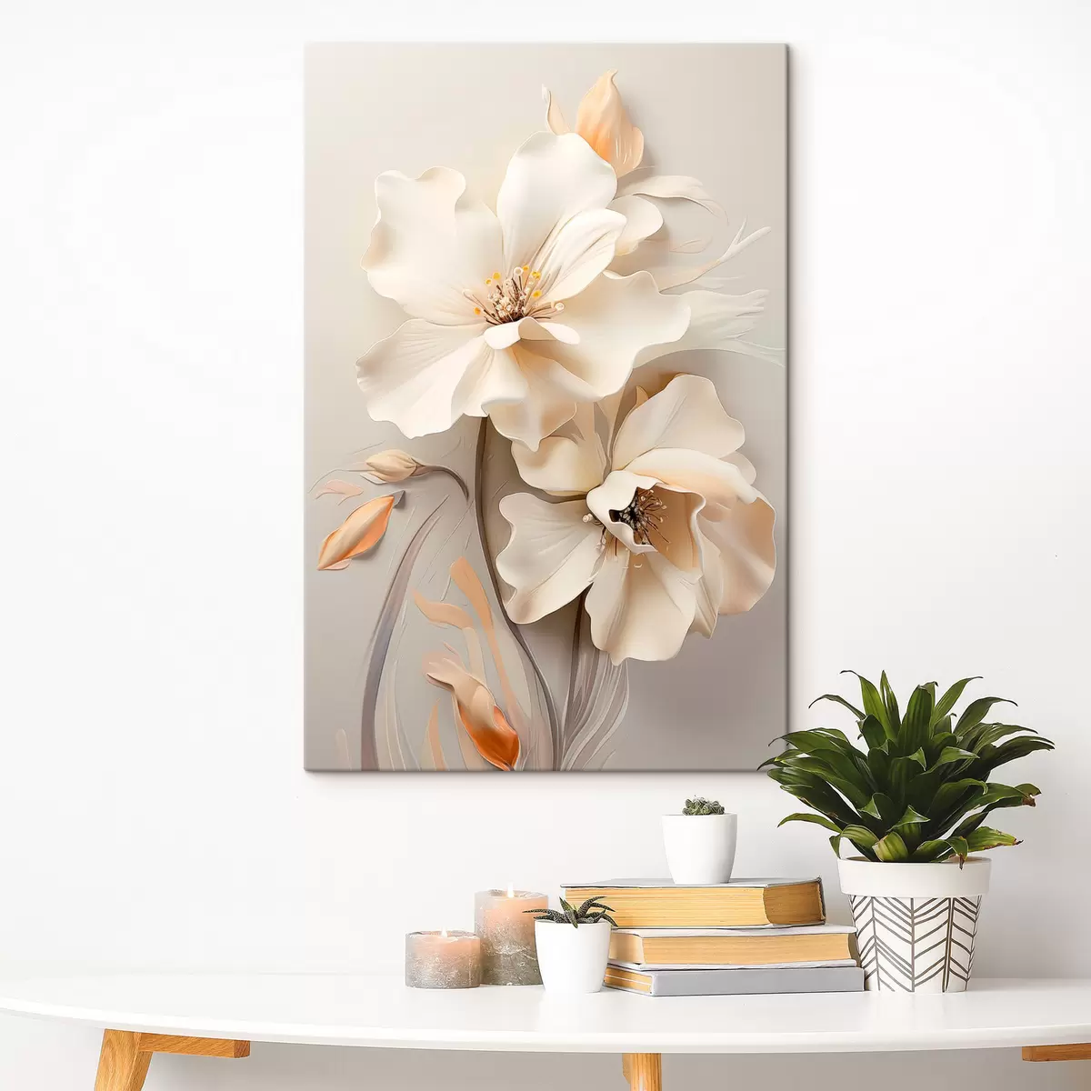 Tableau Fleurs blanches, pétales aux ombres douces, fond beige clair, composition élégante, style minimaliste s46700