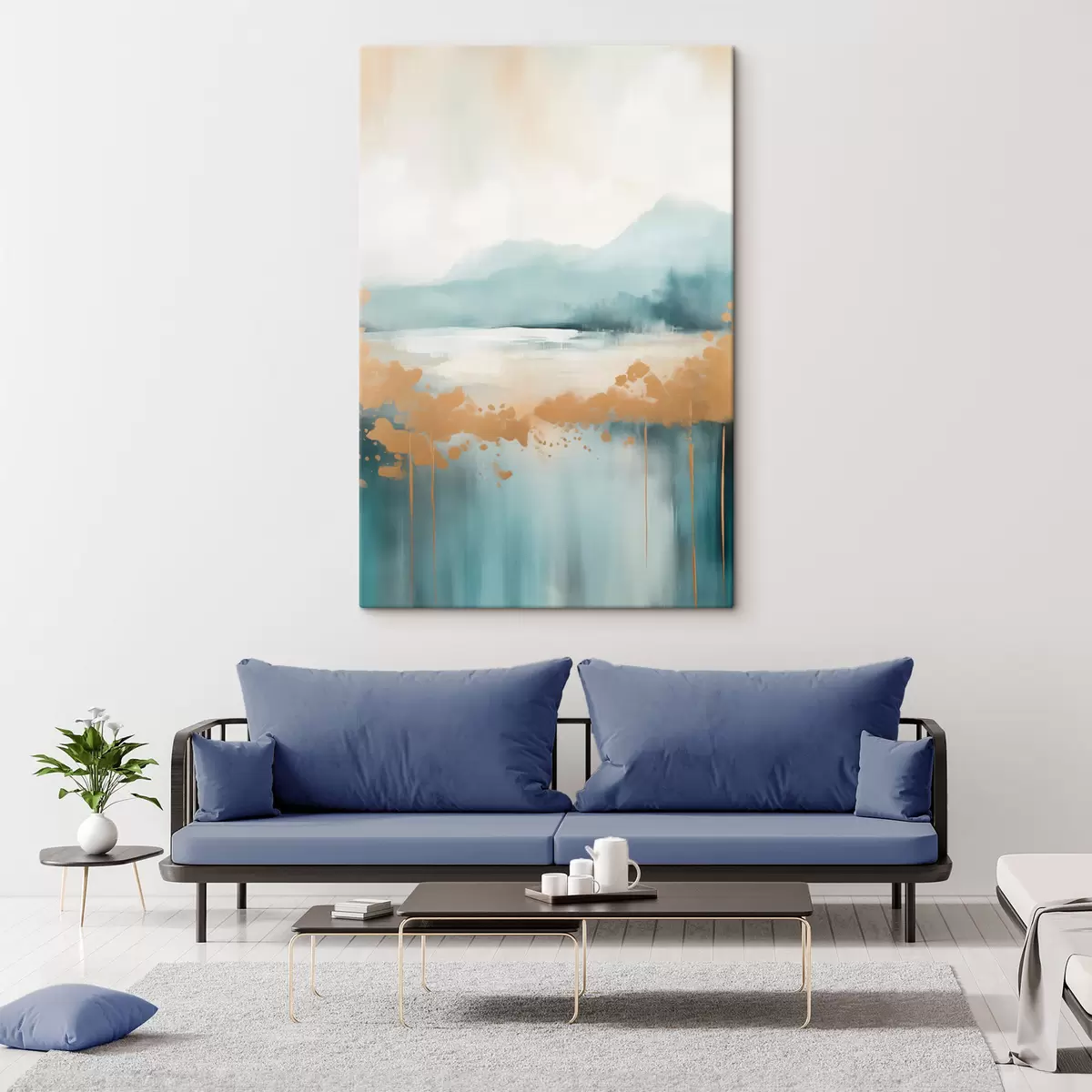 Tableau Paysage abstrait avec montagnes et lac dans des tons bleu sarcelle et jaune texturé, coups de pinceau doux, œuvre minimaliste s46703