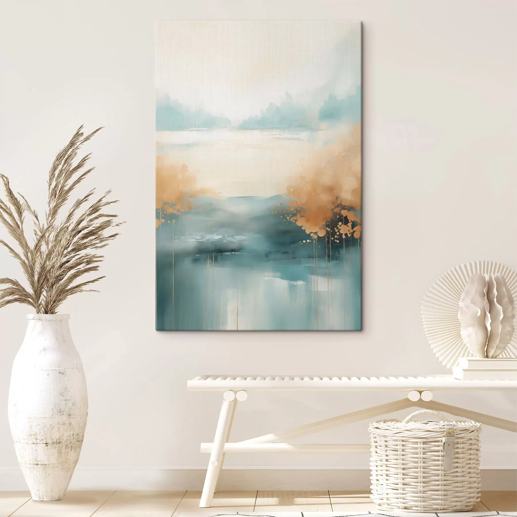 Tableau Paysage abstrait avec montagnes et lac dans des tons bleu sarcelle et jaune texturé, coups de pinceau doux, œuvre minimaliste s46704