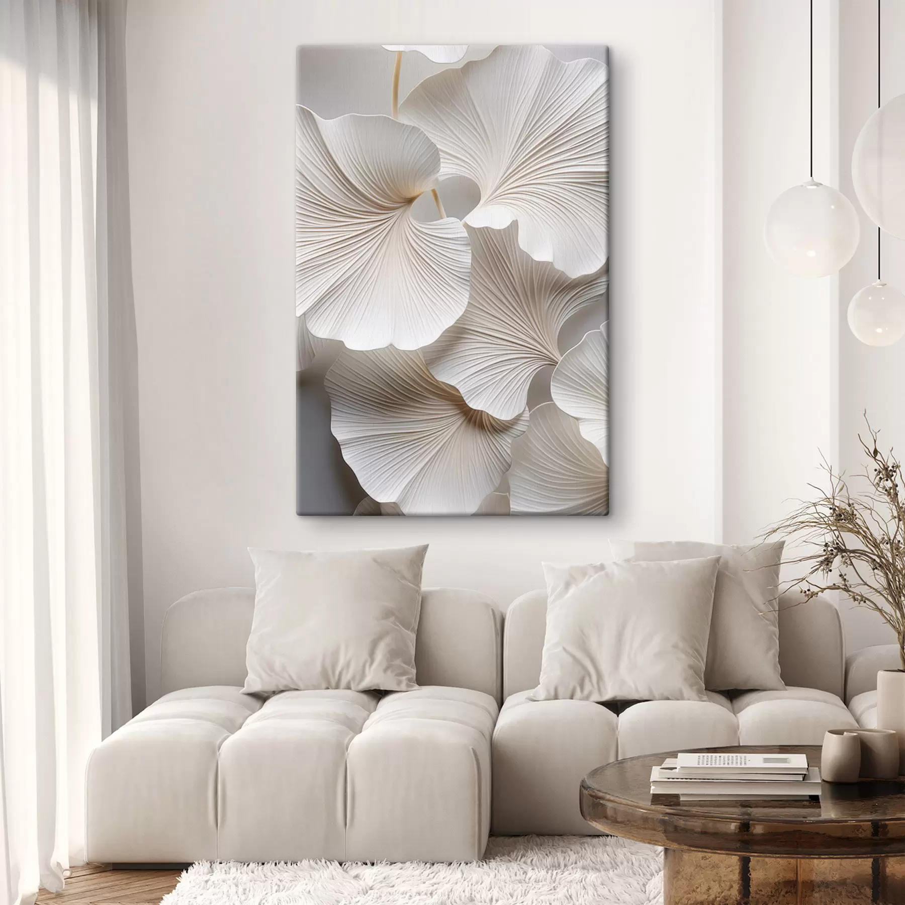 Tableau Feuilles blanches de ginkgo biloba avec des nervures détaillées, éclairage doux, design élégant et minimaliste texturé. s46705