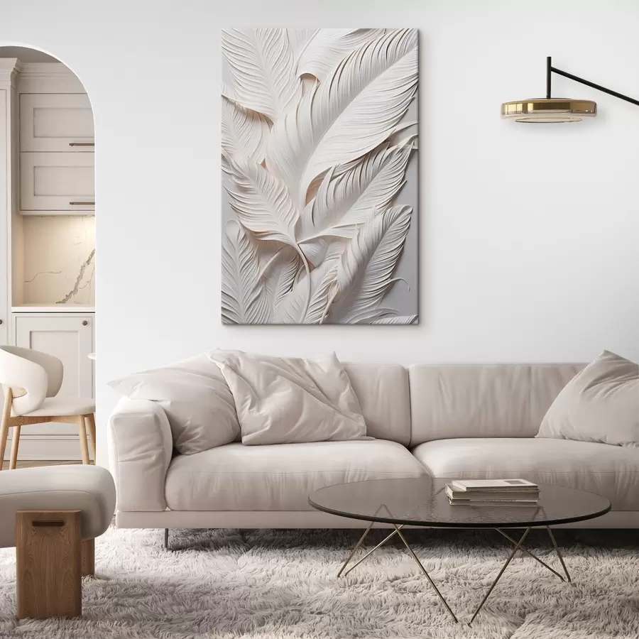 Tableau Feuilles blanches aux détails complexes, créant un effet texturé et stratifié, art minimaliste s46706