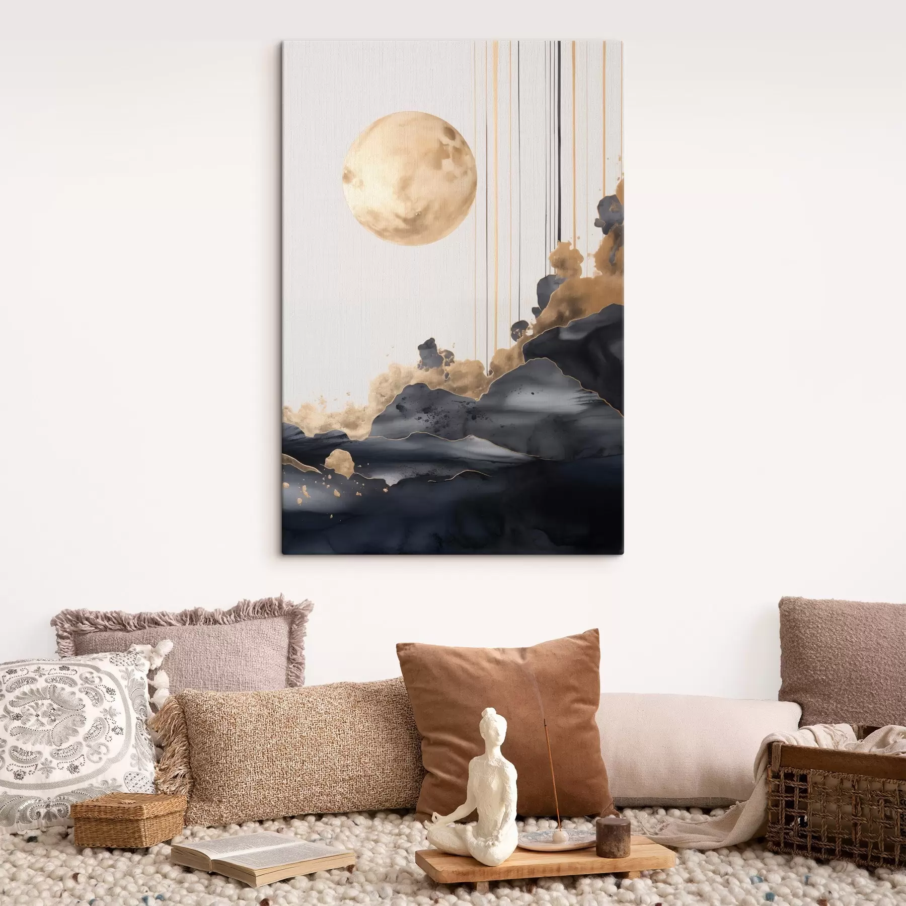 Tableau Une pleine lune avec des nuages noirs et jaunes texturés, des lignes verticales, un style abstrait, minimaliste et moderne s46707