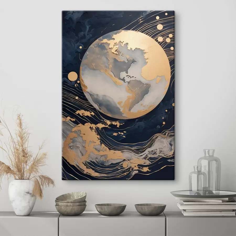 Tableau Planète décorative texturée avec des lignes jaunes en arrière-plan, des points jaunes en arrière-plan, fond sombre s46708