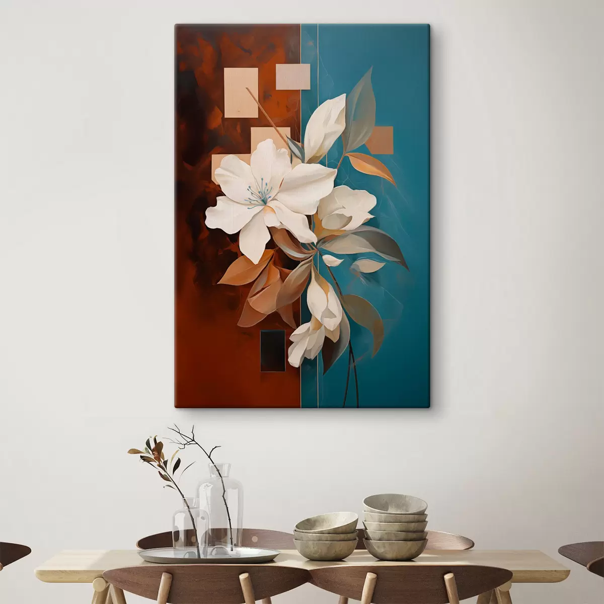 Tableau Fleurs et feuilles blanches abstraites sur fond brun et bleu avec des formes abstraites, dans un style minimaliste. s46709