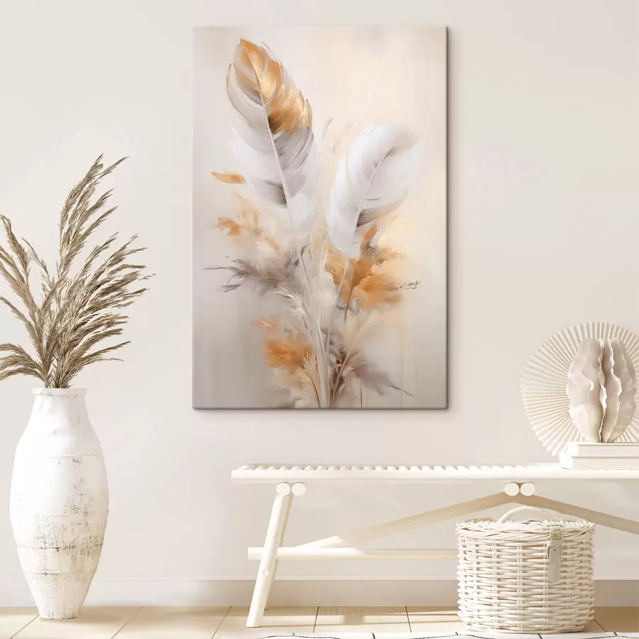 Tableau Plumes abstraites, entourées de plumes beiges et brunes, douces et délicates, sur un fond beige clair. s46711