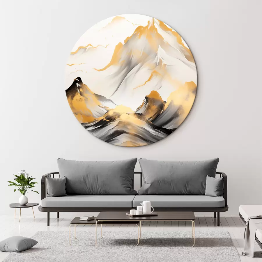 Tableau Montagnes texturées jaunes et noires aux sommets enneigés, style peinture à l'encre, chaîne de montagnes minimaliste r46683