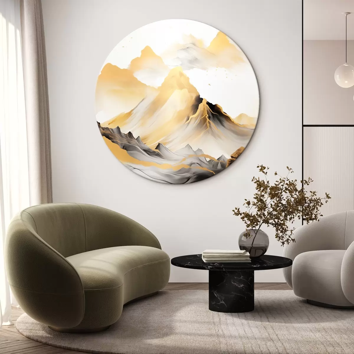 Tableaux rondes Montagnes texturées jaunes et noires aux sommets enneigés, style peinture à l'encre, chaîne de montagnes minimaliste r46684