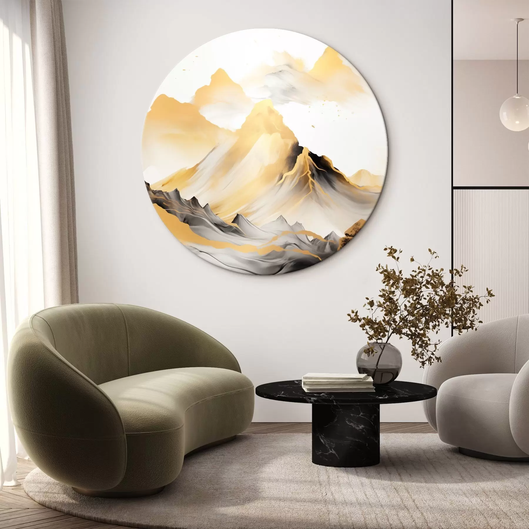 Tableau Montagnes texturées jaunes et noires aux sommets enneigés, style peinture à l'encre, chaîne de montagnes minimaliste r46684