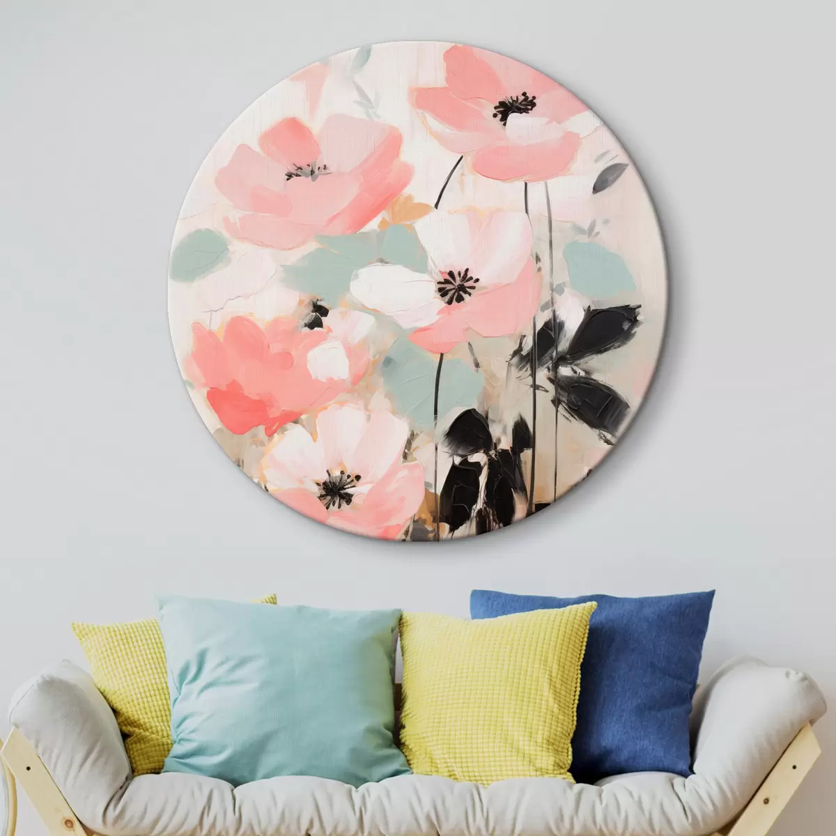 Tableaux rondes Fleurs roses et noires avec des feuilles, couleurs pastel douces, composition florale abstraite, art minimaliste r46688