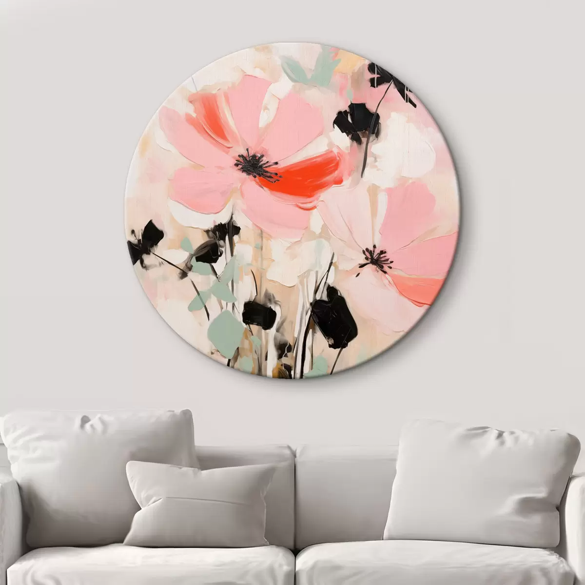 Tableaux rondes Fleurs roses et noires avec des feuilles, couleurs pastel douces, composition florale abstraite, art minimaliste r46687