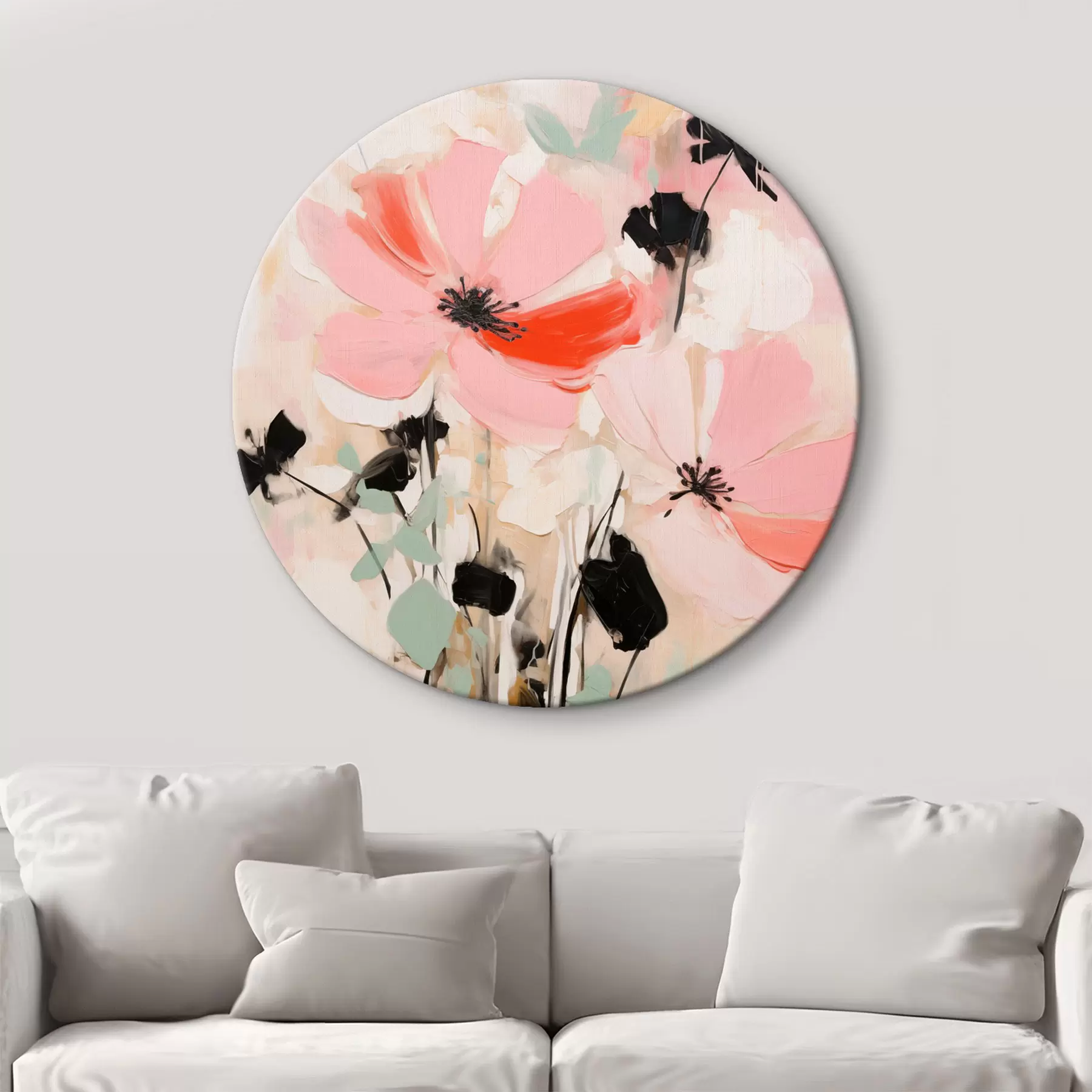 Tableau Fleurs roses et noires avec des feuilles, couleurs pastel douces, composition florale abstraite, art minimaliste r46687