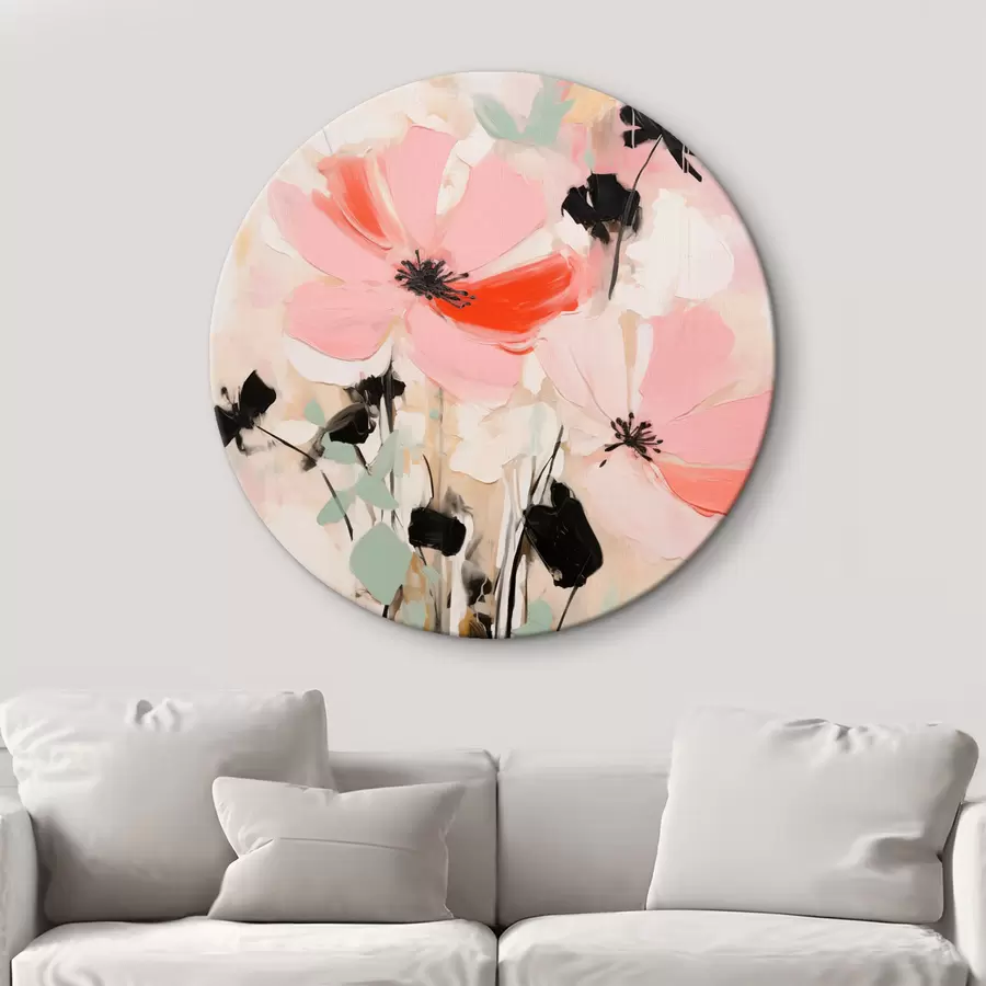 Tableau Fleurs roses et noires avec des feuilles, couleurs pastel douces, composition florale abstraite, art minimaliste r46687
