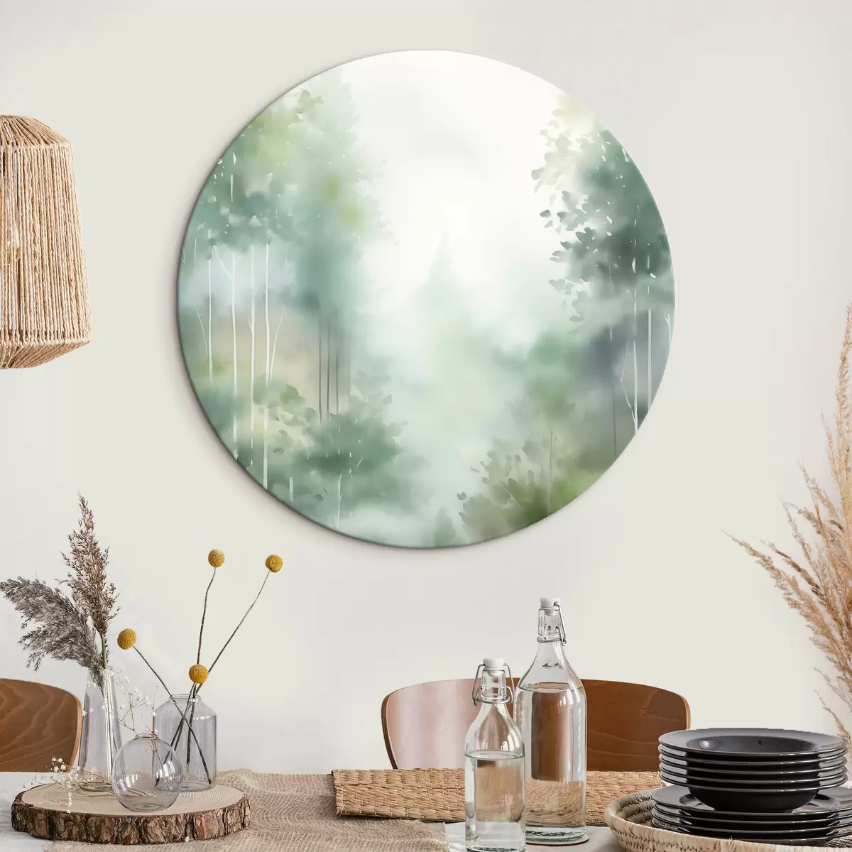 Tableaux rondes Aquarelle représentant une forêt abstraite avec de grands arbres et un feuillage vert, dans des tons doux et discrets. r46689