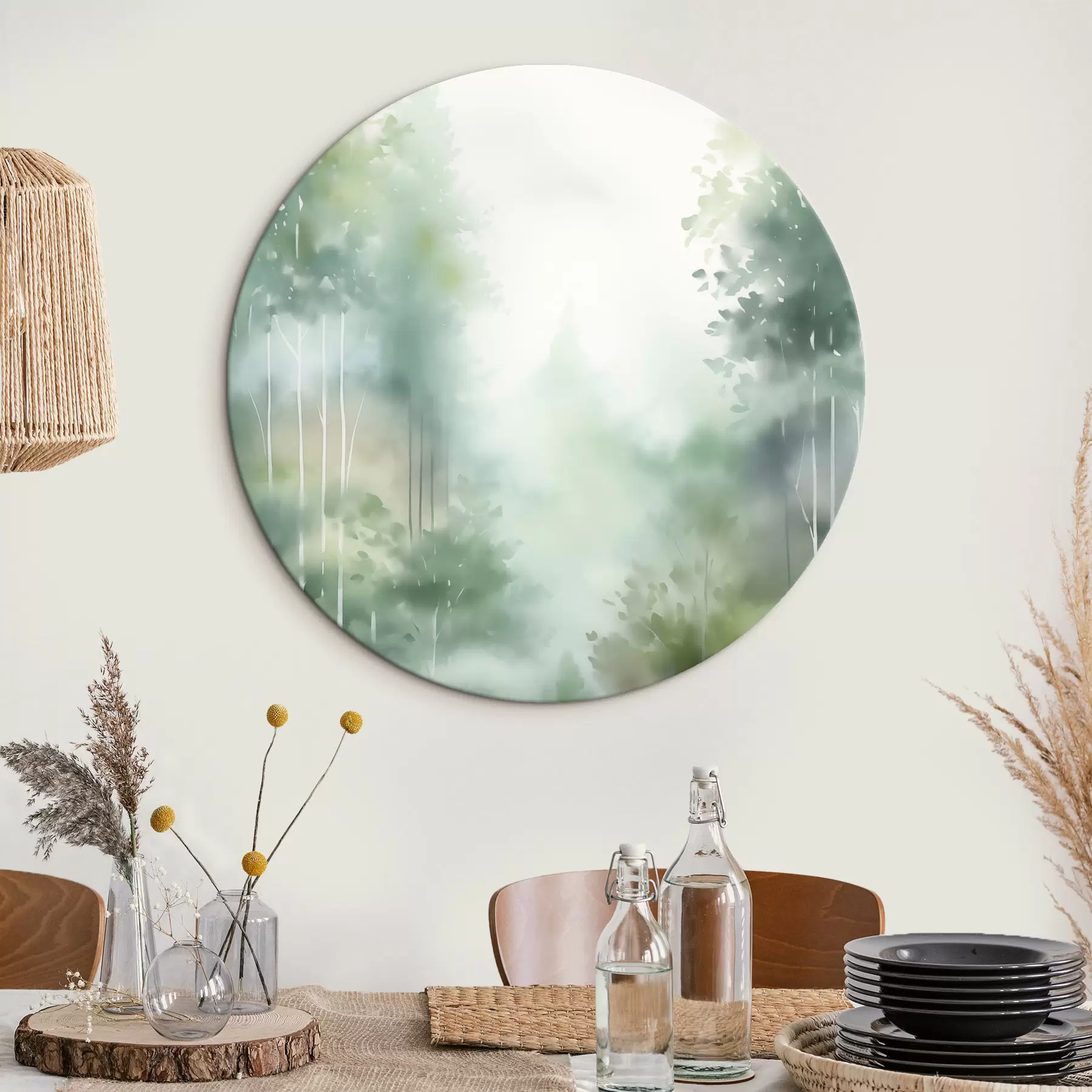 Tableau Aquarelle représentant une forêt abstraite avec de grands arbres et un feuillage vert, dans des tons doux et discrets r46689