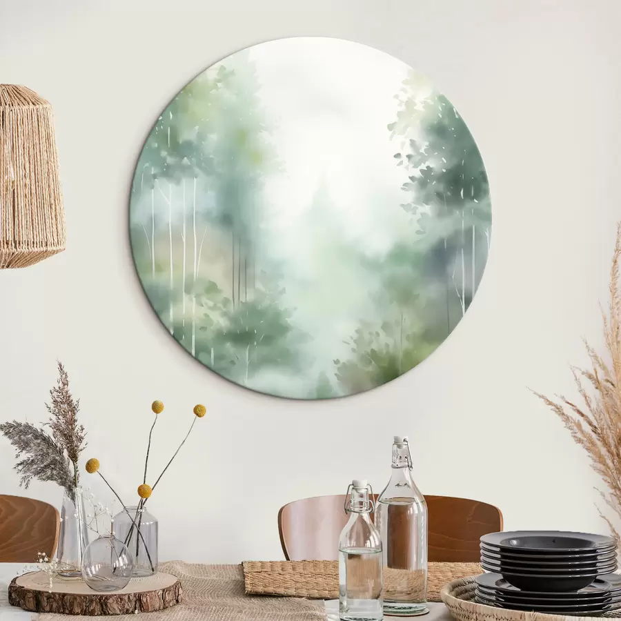 Tableau Aquarelle représentant une forêt abstraite avec de grands arbres et un feuillage vert, dans des tons doux et discrets. r46689