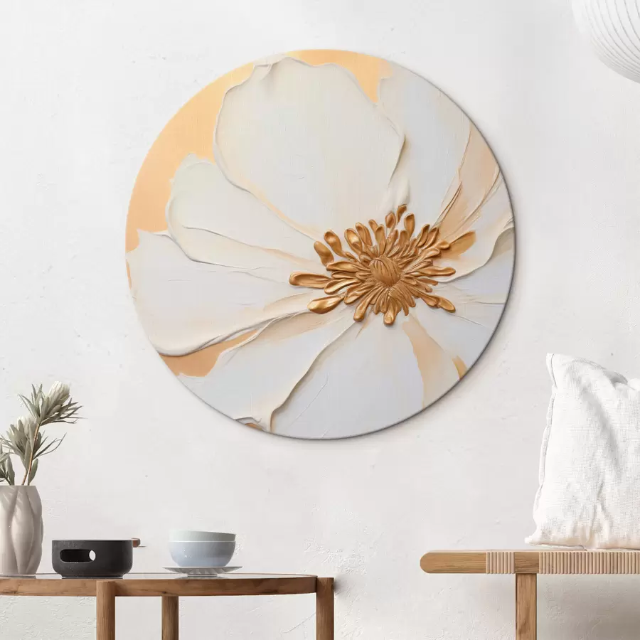 Tableau Fleur blanche aux pétales délicats, imitation coups de pinceau épais, sur fond texturé orange clair. r46691