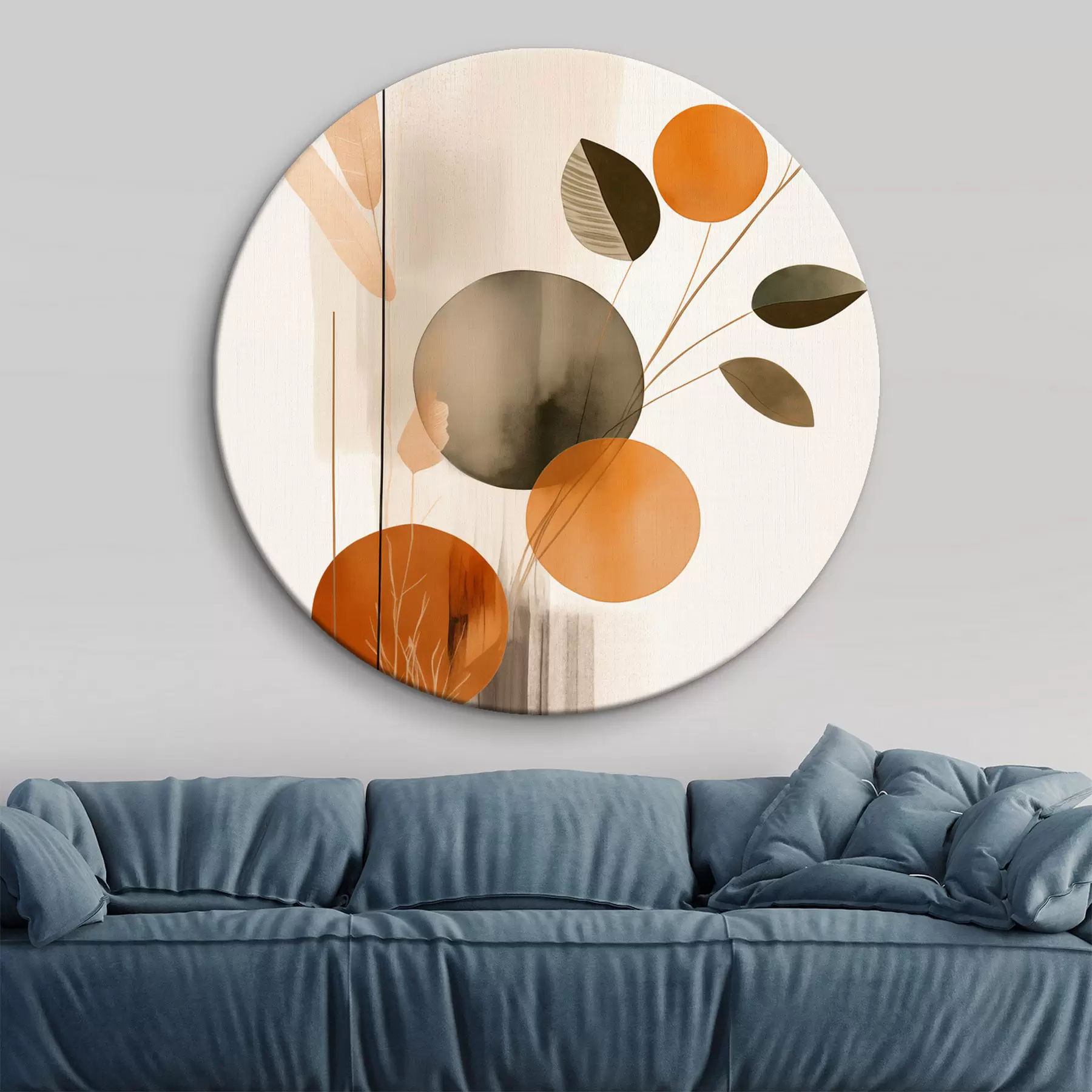 Tableau Imitation de peinture abstraite avec des cercles orange et gris, des feuilles et des branches, style moderne, effet aquarelle r46697