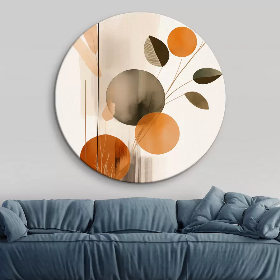 Tableau Imitation de peinture abstraite avec des cercles orange et gris, des feuilles et des branches, style moderne, effet aquarelle r46697