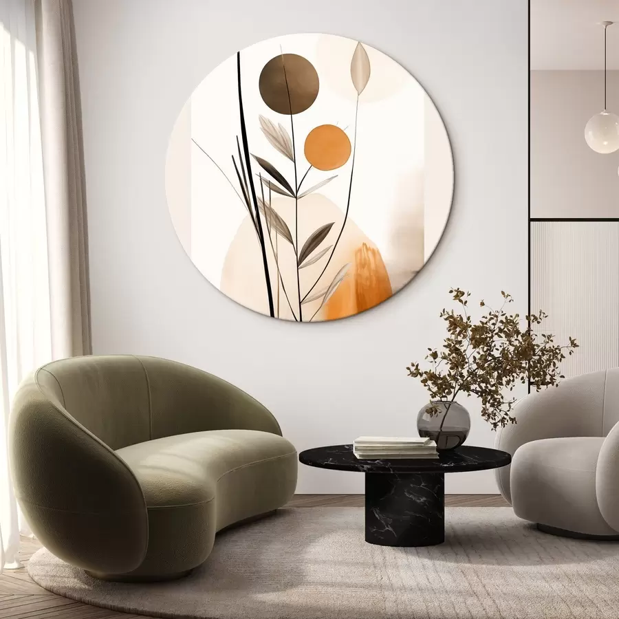 Tableau Imitation de peinture abstraite avec des cercles orange et gris, des feuilles et des branches, style moderne, effet aquarelle r46698