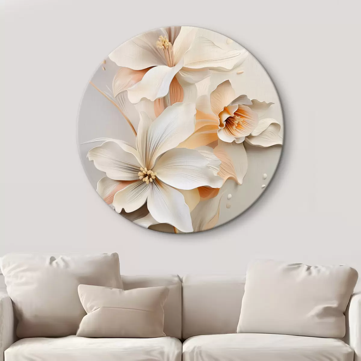 Tableaux rondes Fleurs blanches, pétales aux ombres douces, fond beige clair, composition élégante, style minimaliste r46699