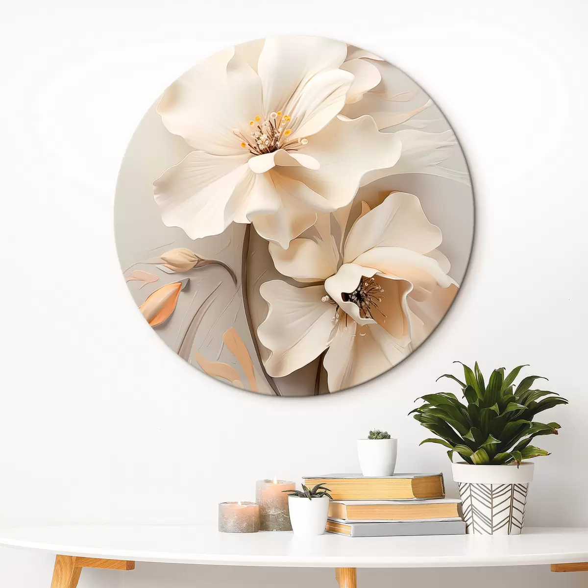 Tableaux rondes Fleurs blanches, pétales aux ombres douces, fond beige clair, composition élégante, style minimaliste r46700
