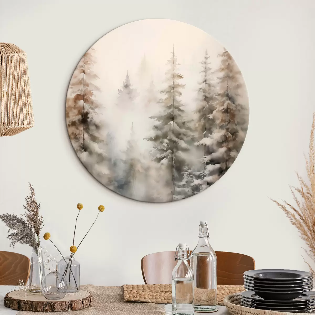 Tableaux rondes De grands pins recouverts de neige, dressés dans une forêt brumeuse, une scène hivernale douce et feutrée. r46701