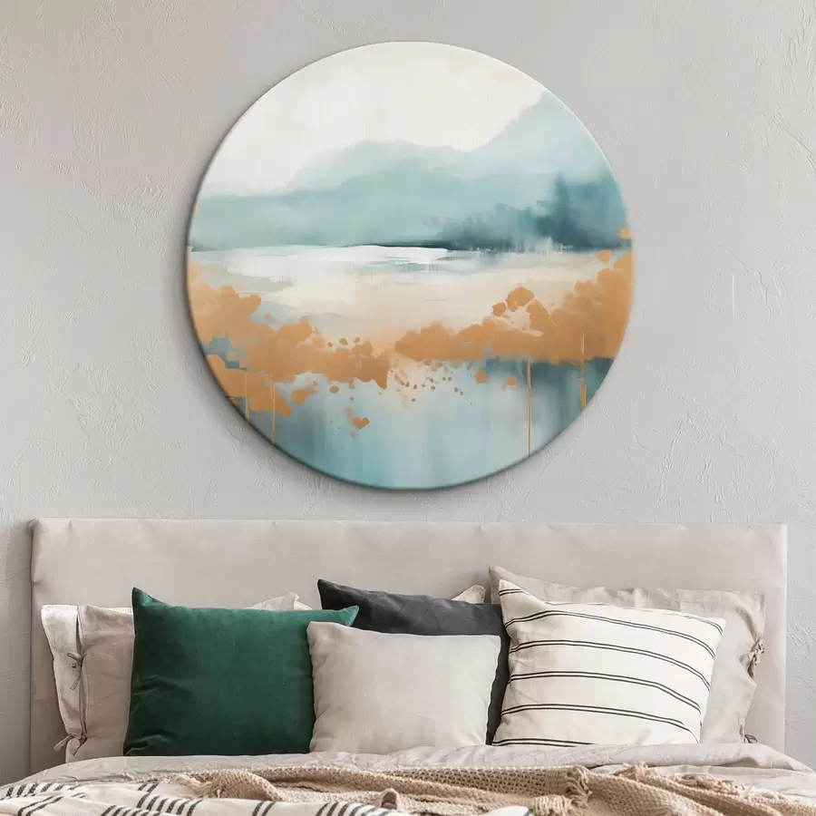 Tableau Paysage abstrait avec montagnes et lac dans des tons bleu sarcelle et jaune texturé, coups de pinceau doux, œuvre minimaliste r46703